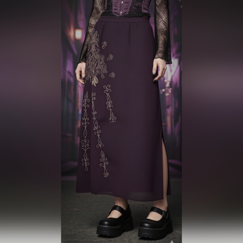 Nine Co Womens Whimsigoth Maxi Skirt 10 Purple Slit Embroidered Sequin 80s Fairy